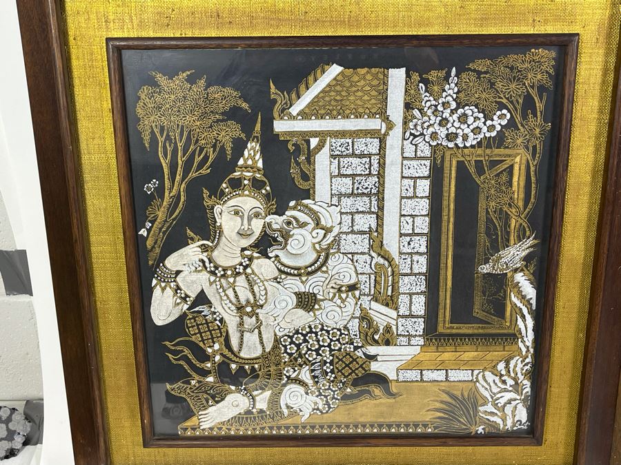 Pair Of Vintage 1970s Thai Paintings On Silk In Mid-Century Frames 25 X 25 [Photo 7]