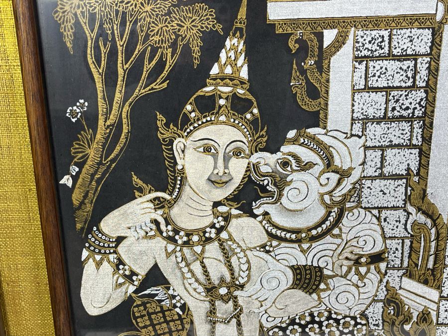 Pair Of Vintage 1970s Thai Paintings On Silk In Mid-Century Frames 25 X 25 [Photo 8]
