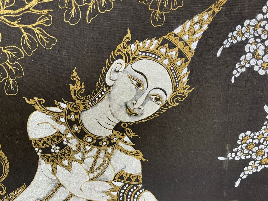 Pair Of Vintage 1970s Thai Paintings On Silk In Mid-Century Frames 25 X 25 [Photo 4]