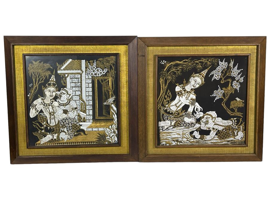 Pair Of Vintage 1970s Thai Paintings On Silk In Mid-Century Frames 25 X 25 [Photo 1]