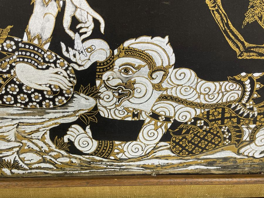 Pair Of Vintage 1970s Thai Paintings On Silk In Mid-Century Frames 25 X 25 [Photo 3]