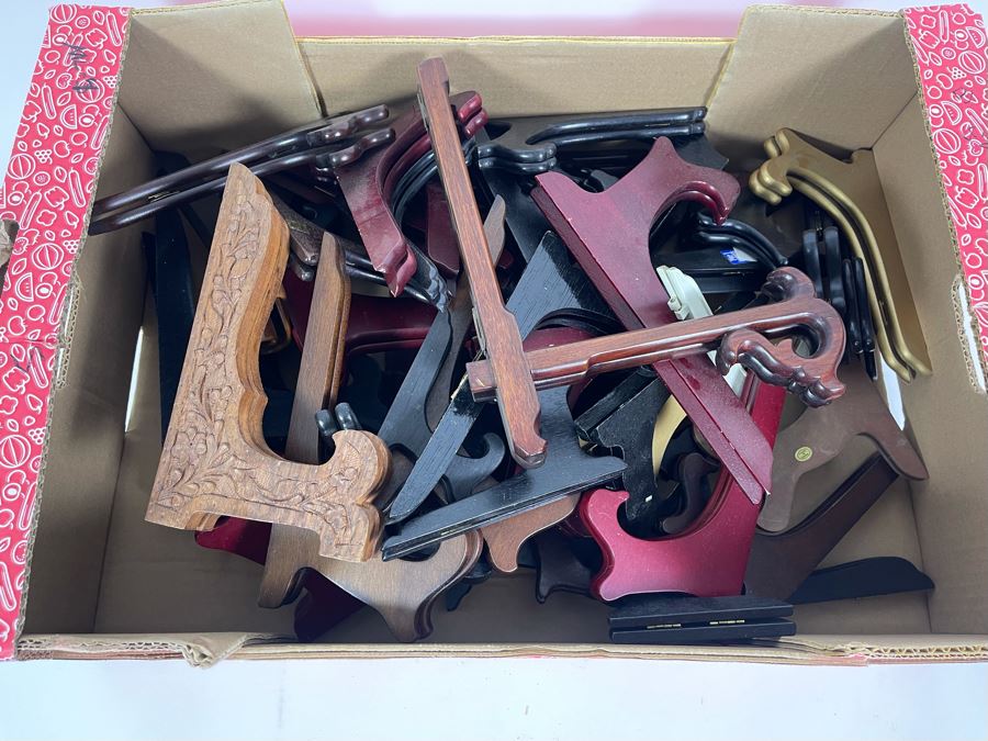 Large Lot Of Wooden / Brass Stands Plate Easels