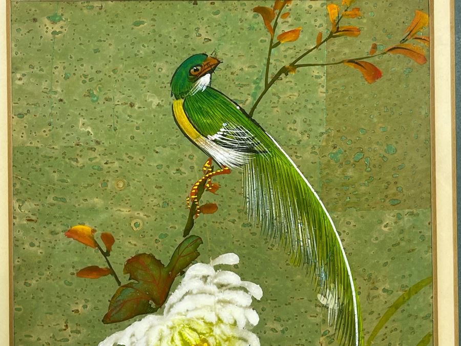 Original Signed Chinese Silk Floral Bird Painting 5.5 X 11.5 Framed 12.5 X 18.5 [Photo 4]