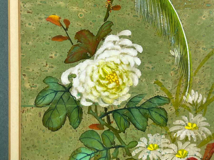 Original Signed Chinese Silk Floral Bird Painting 5.5 X 11.5 Framed 12.5 X 18.5 [Photo 5]