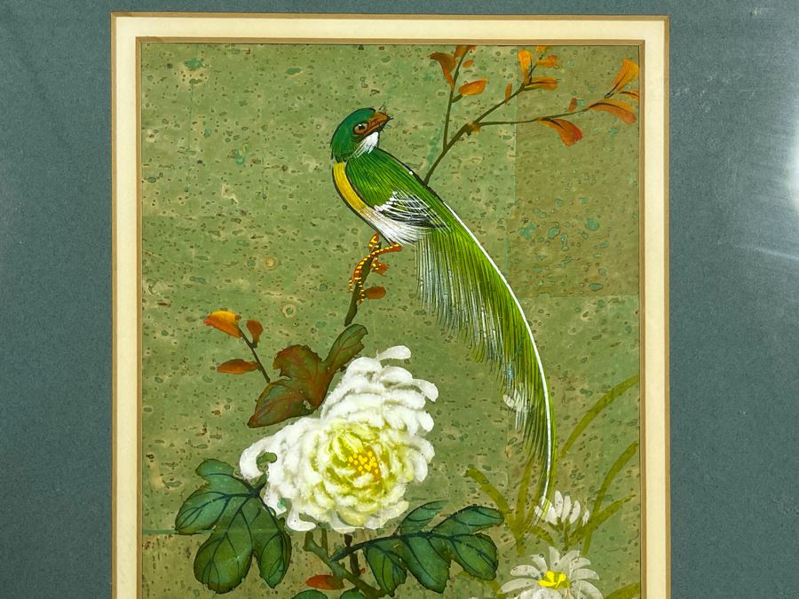 Original Signed Chinese Silk Floral Bird Painting 5.5 X 11.5 Framed 12.5 X 18.5 [Photo 3]