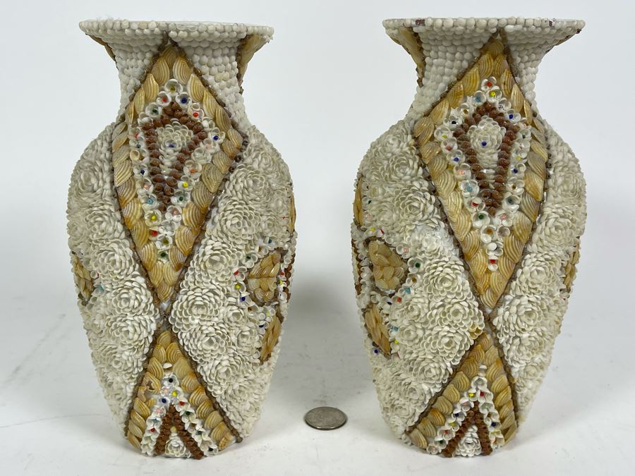Pair Of Stunning Handmade Mid-Century Shell Covered Vases 9H [Photo 11]