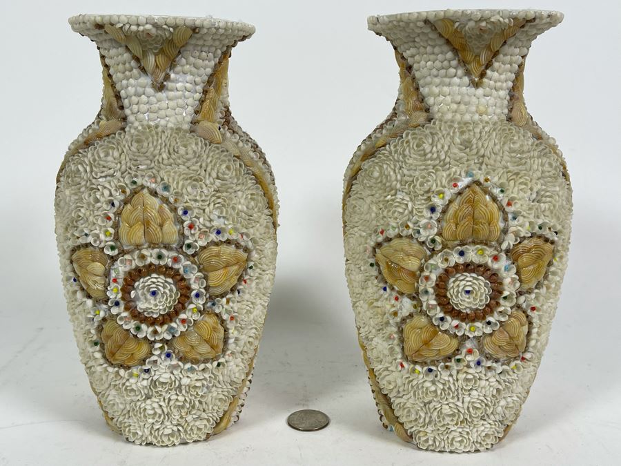 Pair Of Stunning Handmade Mid-Century Shell Covered Vases 9H [Photo 13]