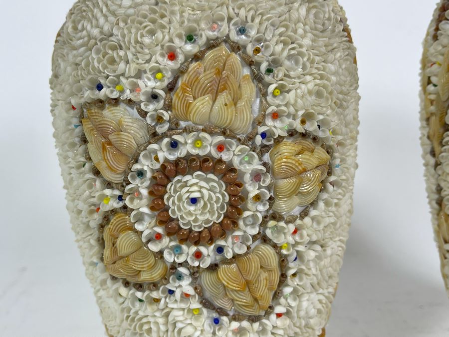 Pair Of Stunning Handmade Mid-Century Shell Covered Vases 9H [Photo 7]