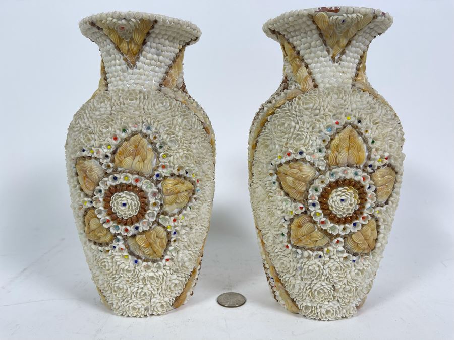 Pair Of Stunning Handmade Mid-Century Shell Covered Vases 9H [Photo 2]