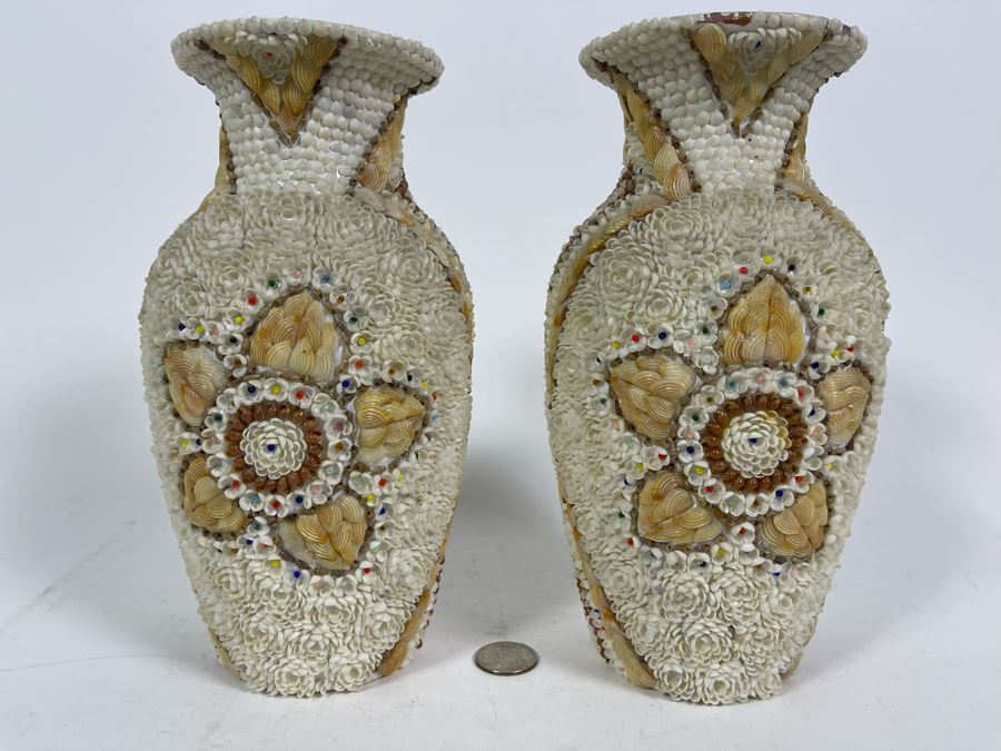 Pair Of Stunning Handmade Mid-Century Shell Covered Vases 9H [Photo 3]