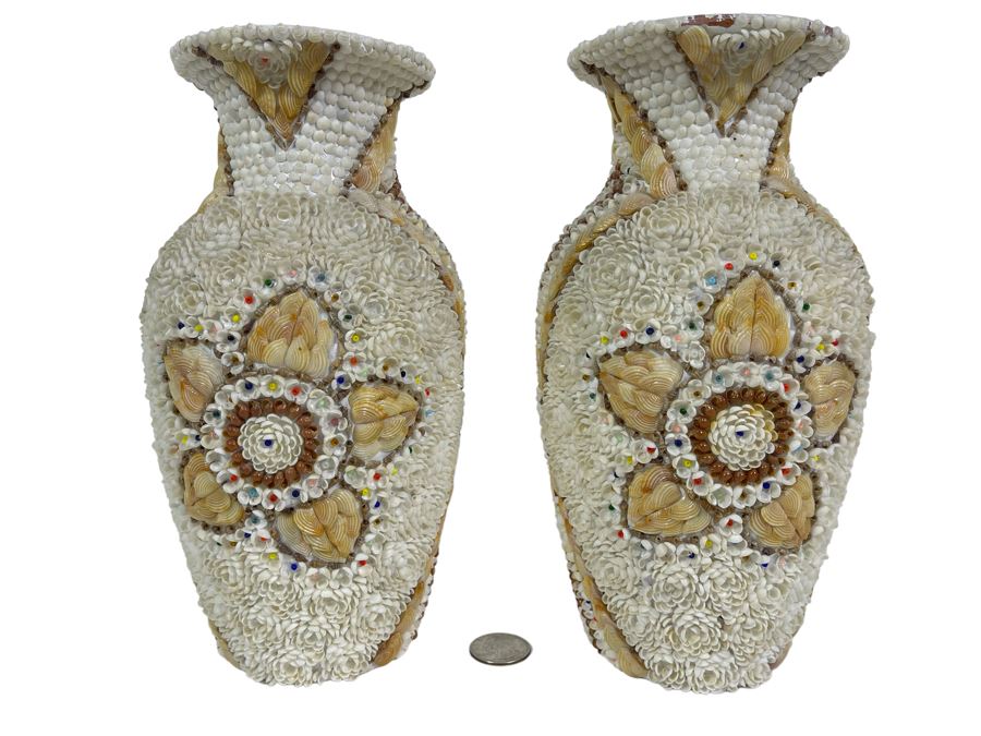 Pair Of Stunning Handmade Mid-Century Shell Covered Vases 9H