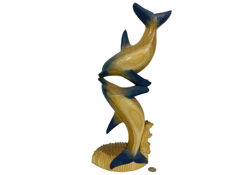 Carved Wooden Dolphin Sculpture 7.5W X 3D X 18.5H