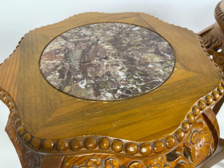 Pair Of Chinese Carved Wooden Fern Stands With Marble Tops 16W X 24H [Photo 5]