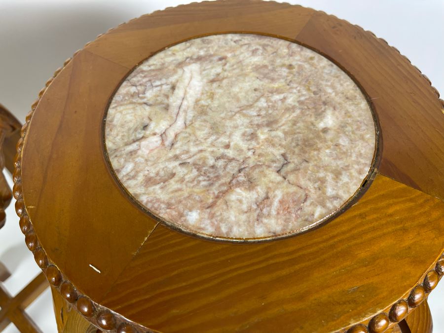 Pair Of Chinese Carved Wooden Fern Stands With Marble Tops 16W X 24H [Photo 8]