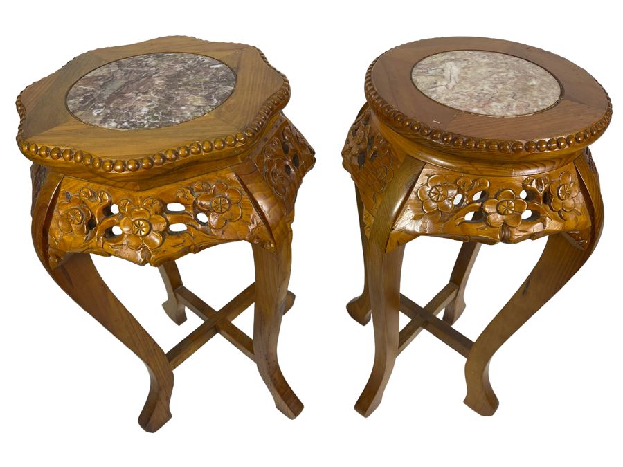 Pair Of Chinese Carved Wooden Fern Stands With Marble Tops 16W X 24H [Photo 4]