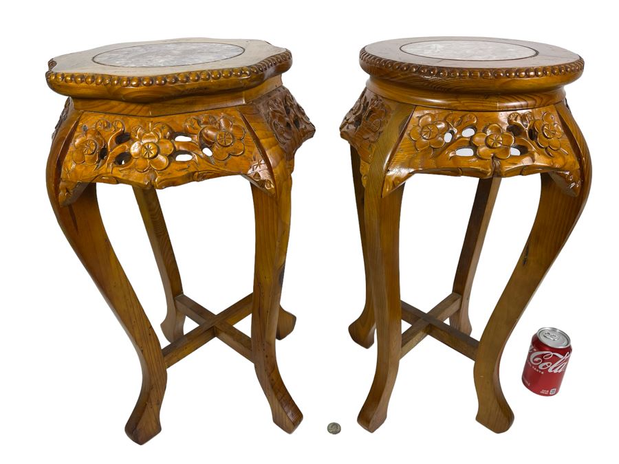 Pair Of Chinese Carved Wooden Fern Stands With Marble Tops 16W X 24H