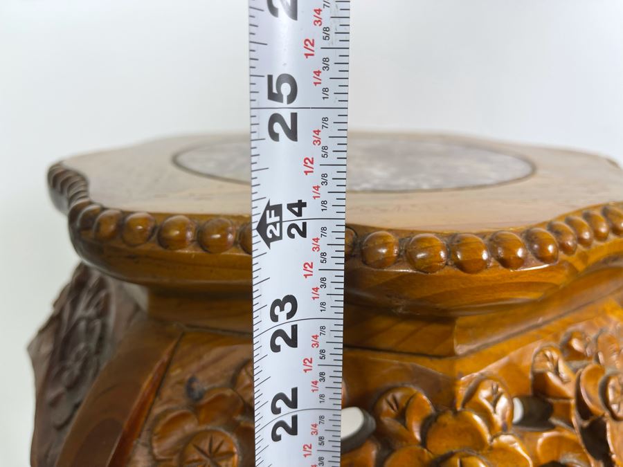 Pair Of Chinese Carved Wooden Fern Stands With Marble Tops 16W X 24H [Photo 11]