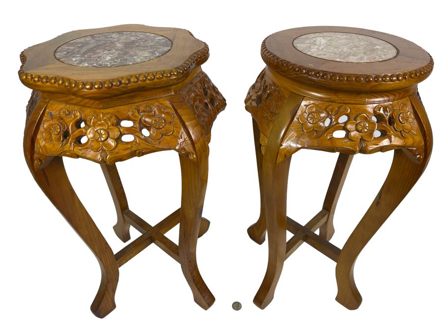 Pair Of Chinese Carved Wooden Fern Stands With Marble Tops 16W X 24H [Photo 3]