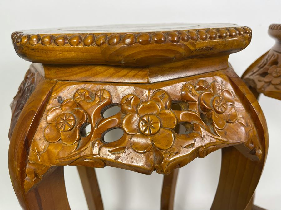 Pair Of Chinese Carved Wooden Fern Stands With Marble Tops 16W X 24H [Photo 7]