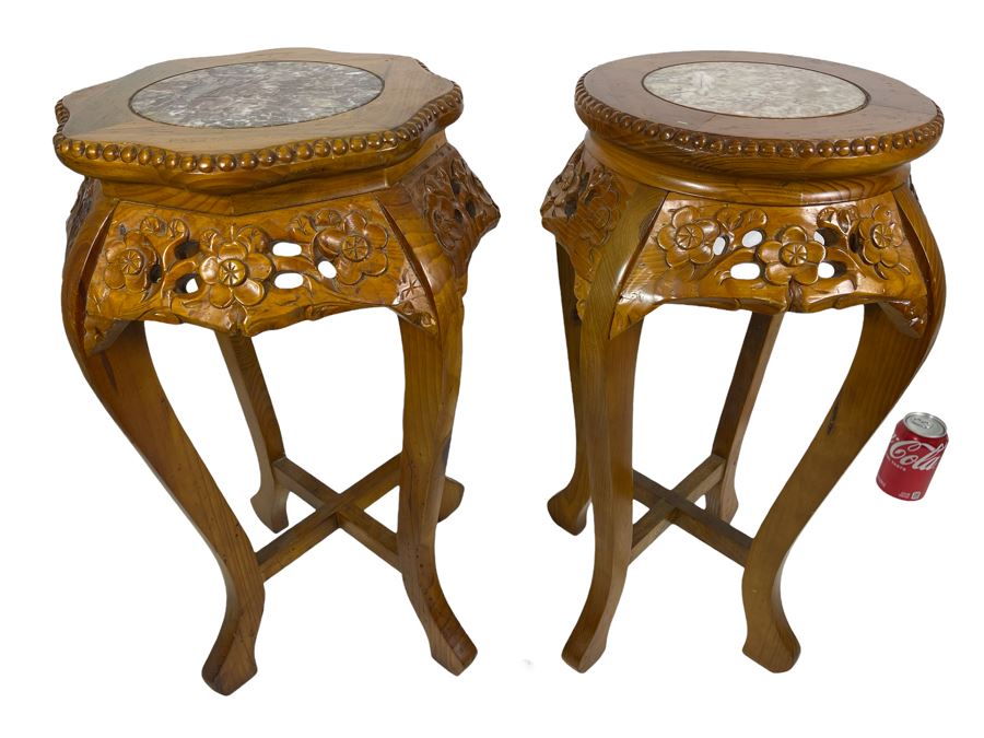 Pair Of Chinese Carved Wooden Fern Stands With Marble Tops 16W X 24H [Photo 2]