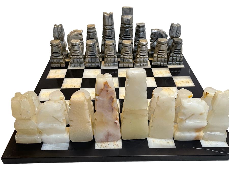 Hand Carved Marble Chess Pieces With Marble Board 16.5W X 16.5D X .75H