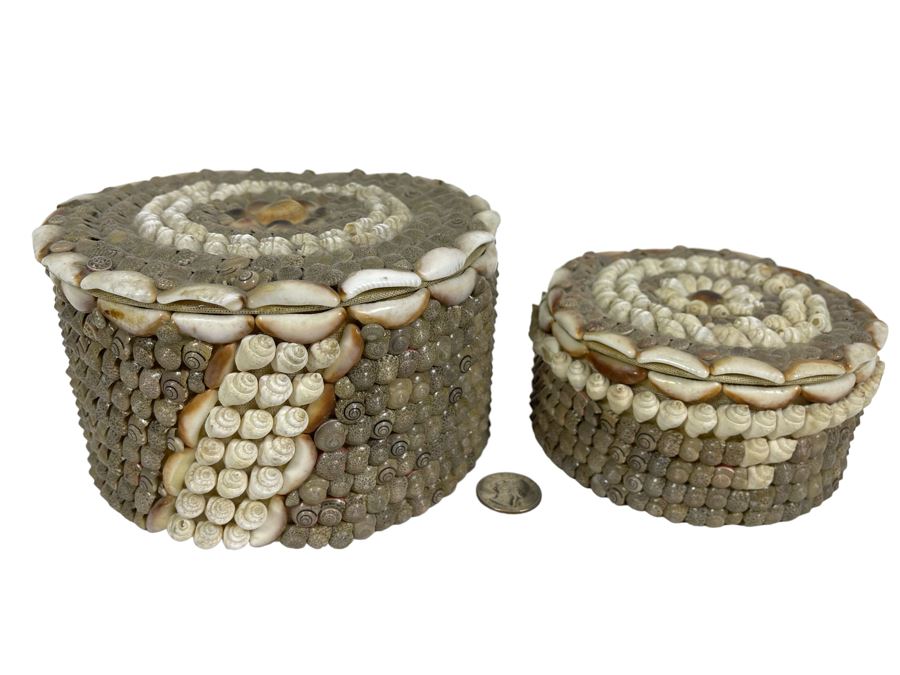 Pair Of Handmade Nesting Shell Decorated Boxes By Gloria Vanderbilt 6.5W X 6D X 4H [Photo 1]