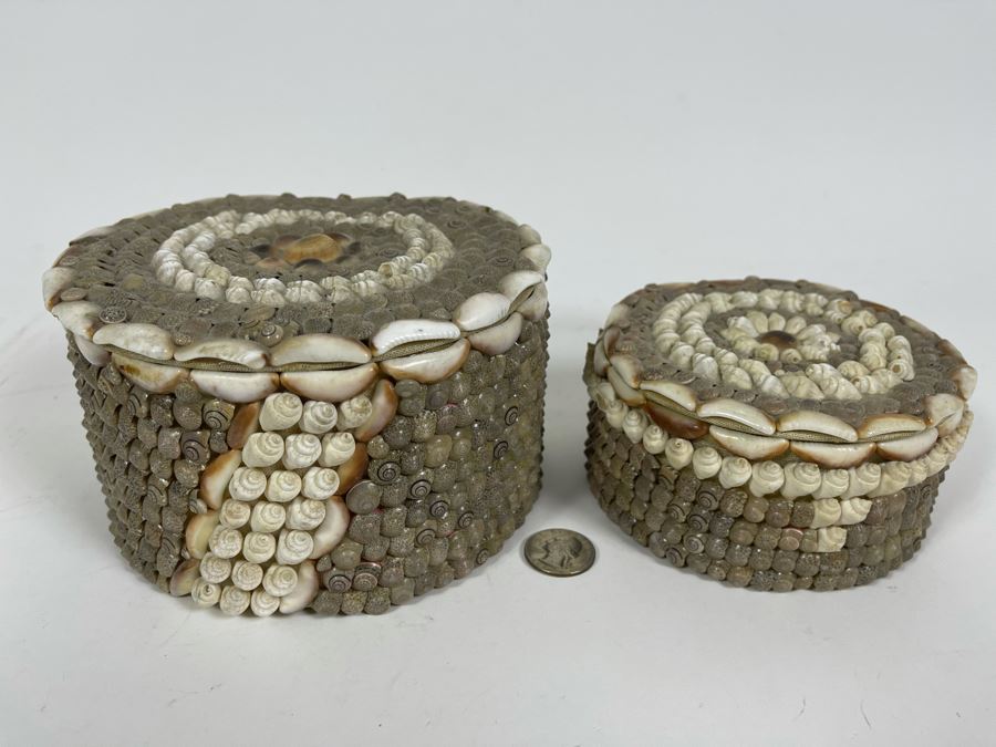 Pair Of Handmade Nesting Shell Decorated Boxes By Gloria Vanderbilt 6.5W X 6D X 4H [Photo 2]