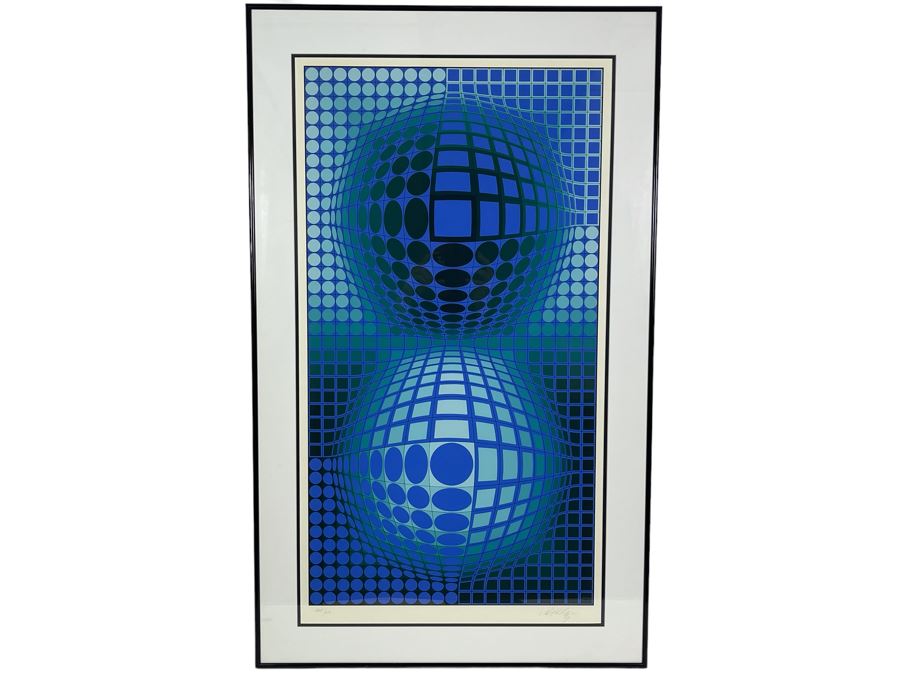 Victor Vasarely Hand Signed Limited Edition Lithograph Titled Battor 1977 20 X 37 Framed 26 X 43