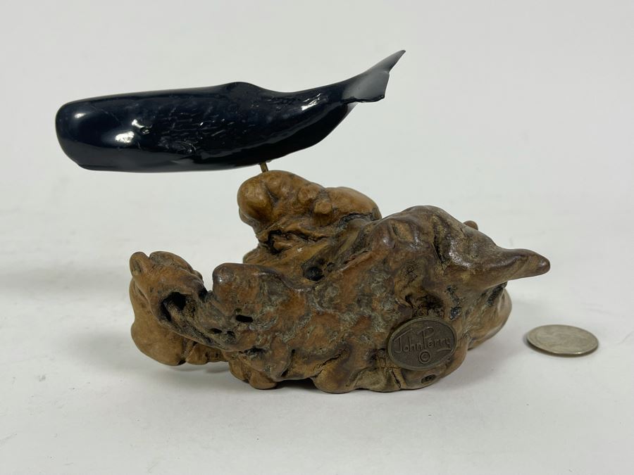John Perry Whale Sculpture On Burlwood Base 6.5W X 3.5D X 4H [Photo 3]