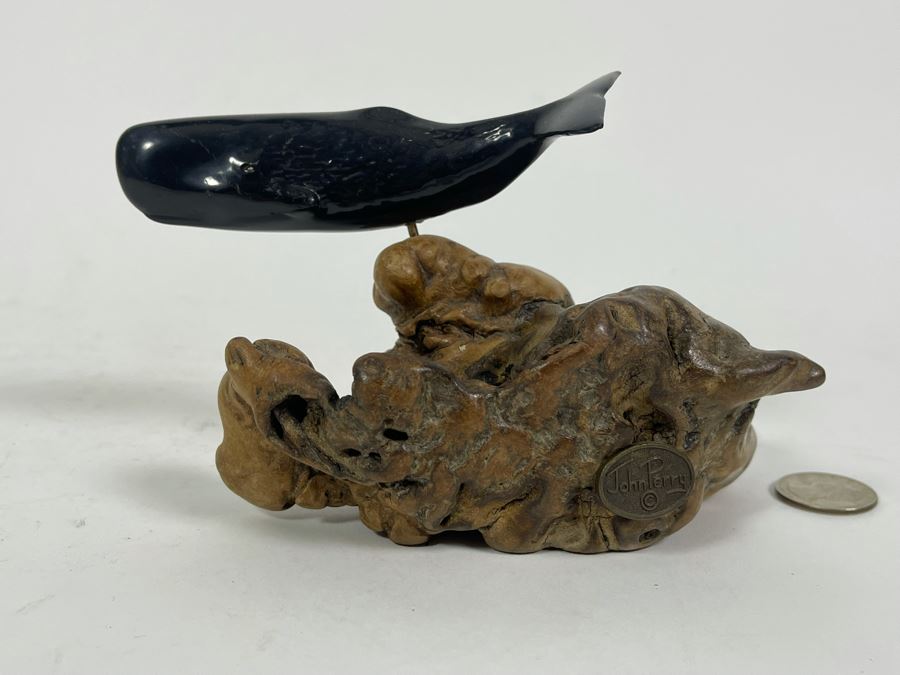 John Perry Whale Sculpture On Burlwood Base 6.5W X 3.5D X 4H [Photo 2]