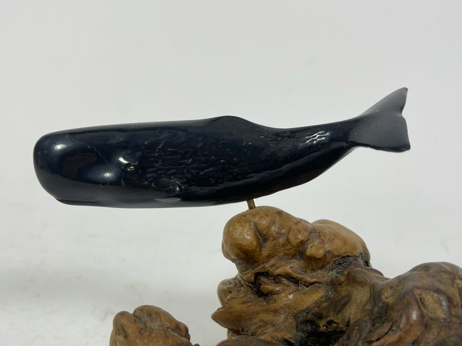 John Perry Whale Sculpture On Burlwood Base 6.5W X 3.5D X 4H