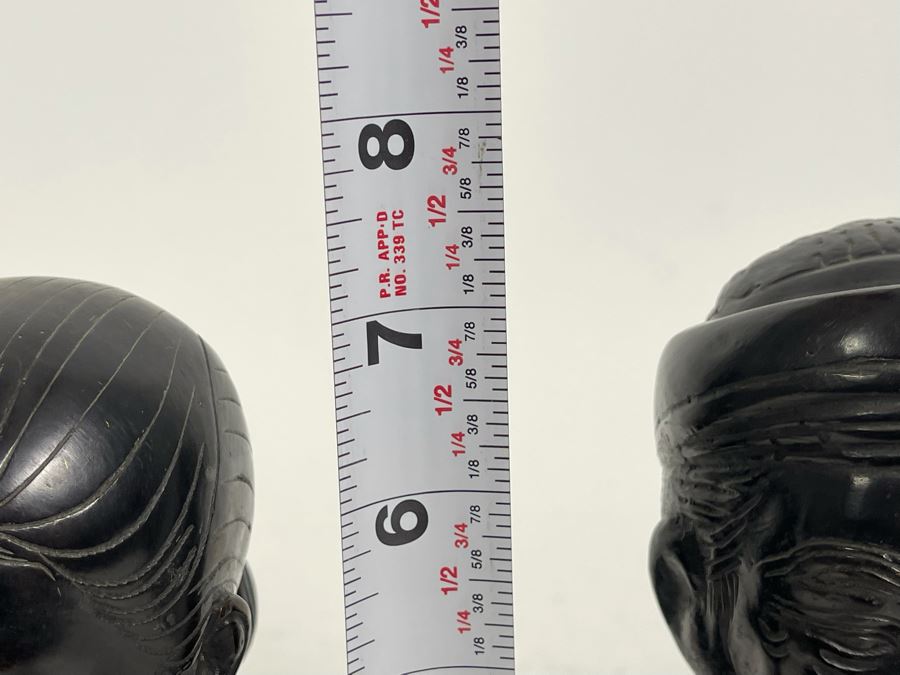 Pair Of Asian Bronze Busts Sculptures On Wooden Bases 7.5H [Photo 7]