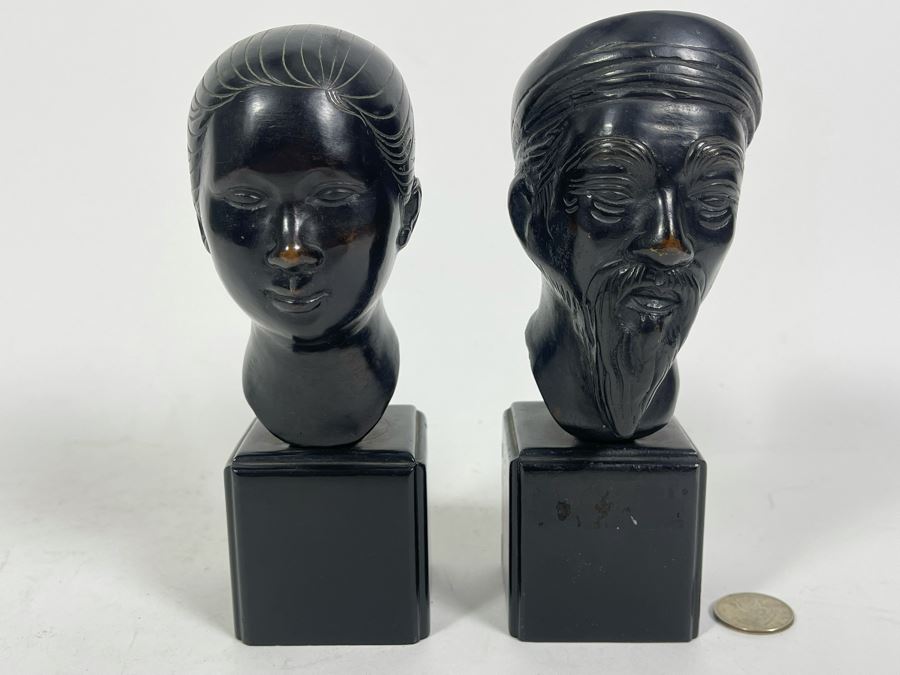 Pair Of Asian Bronze Busts Sculptures On Wooden Bases 7.5H [Photo 2]