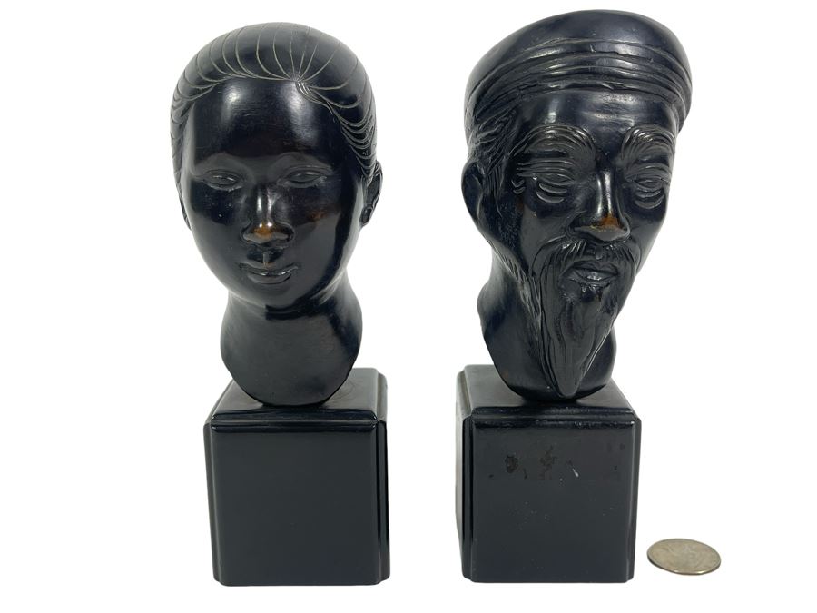 Pair Of Asian Bronze Busts Sculptures On Wooden Bases 7.5H