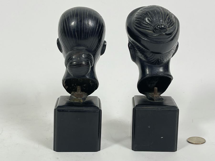 Pair Of Asian Bronze Busts Sculptures On Wooden Bases 7.5H [Photo 5]
