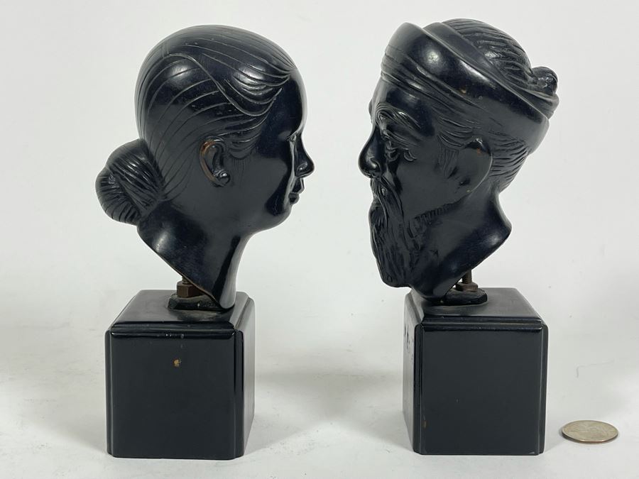 Pair Of Asian Bronze Busts Sculptures On Wooden Bases 7.5H [Photo 4]
