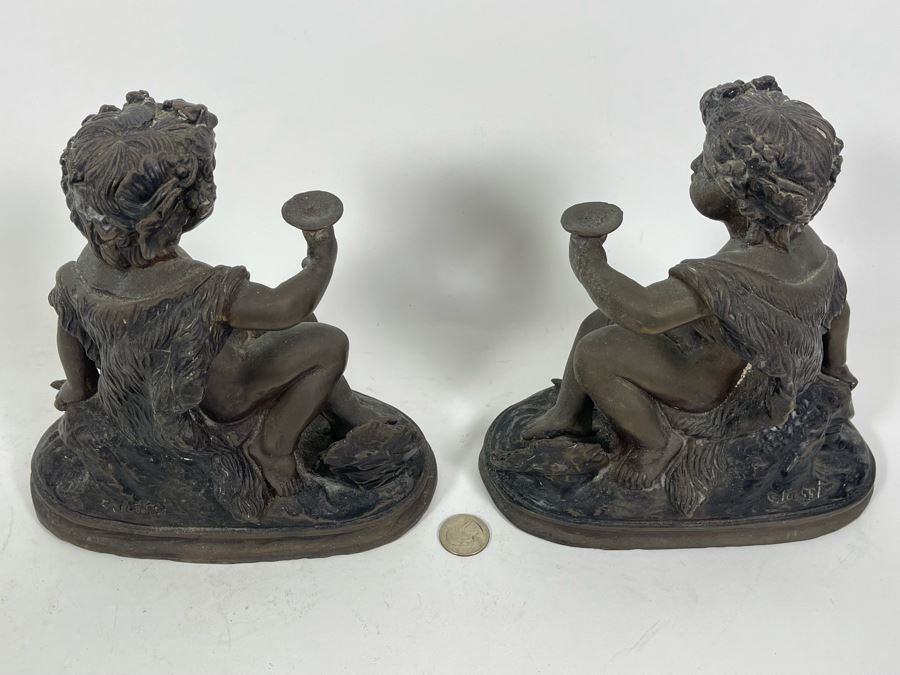Pair Of Egisto Rossi Bronze Sculptures Of Infant Bacchus Holding Chalice Signed E. Rossi 8W X 4D X 8H [Photo 14]