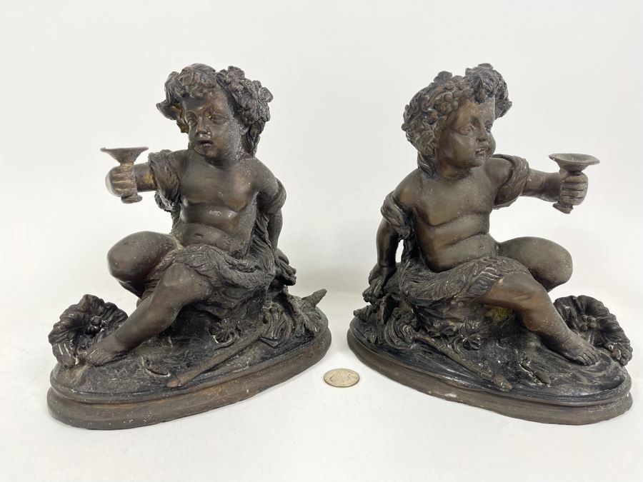 Pair Of Egisto Rossi Bronze Sculptures Of Infant Bacchus Holding Chalice Signed E. Rossi 8W X 4D X 8H [Photo 6]