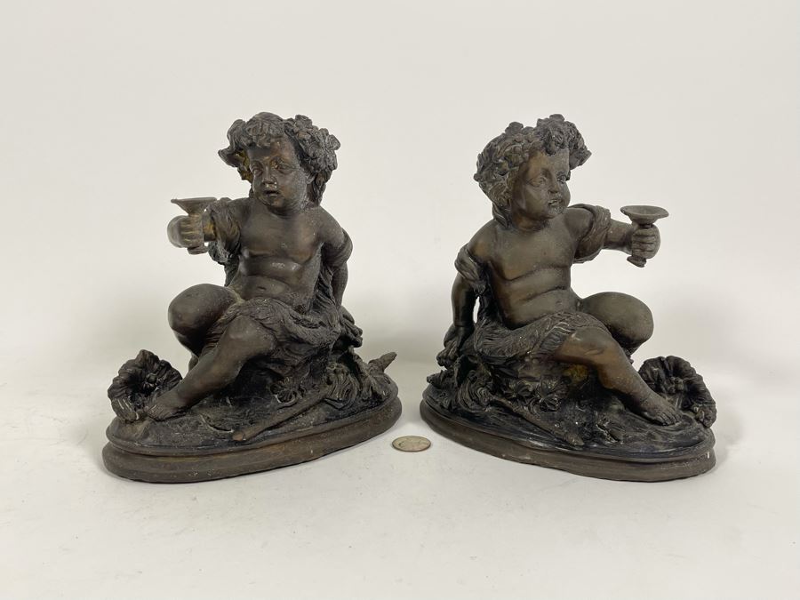 Pair Of Egisto Rossi Bronze Sculptures Of Infant Bacchus Holding Chalice Signed E. Rossi 8W X 4D X 8H [Photo 3]