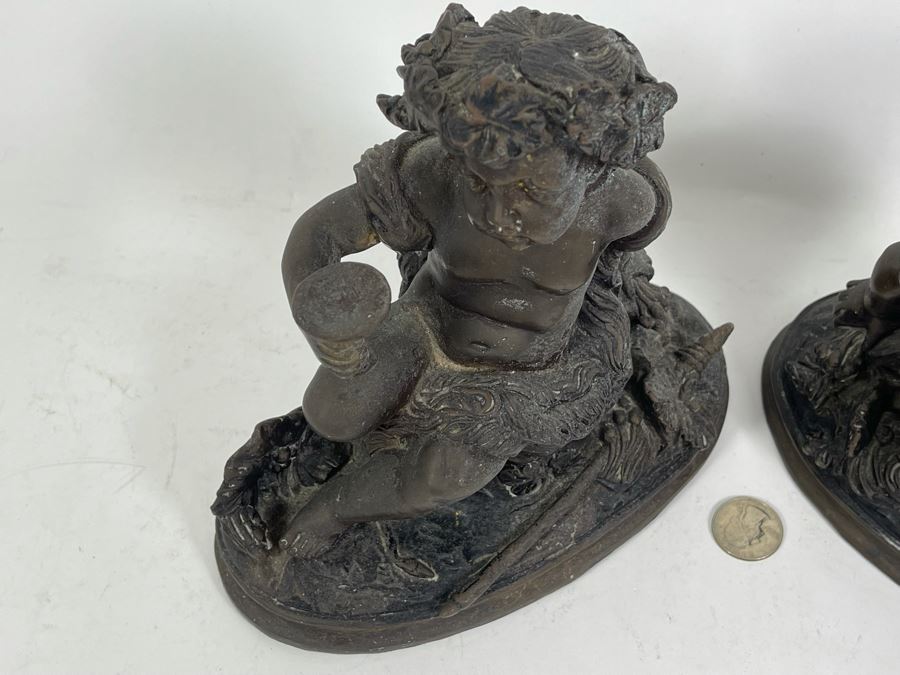 Pair Of Egisto Rossi Bronze Sculptures Of Infant Bacchus Holding Chalice Signed E. Rossi 8W X 4D X 8H [Photo 9]