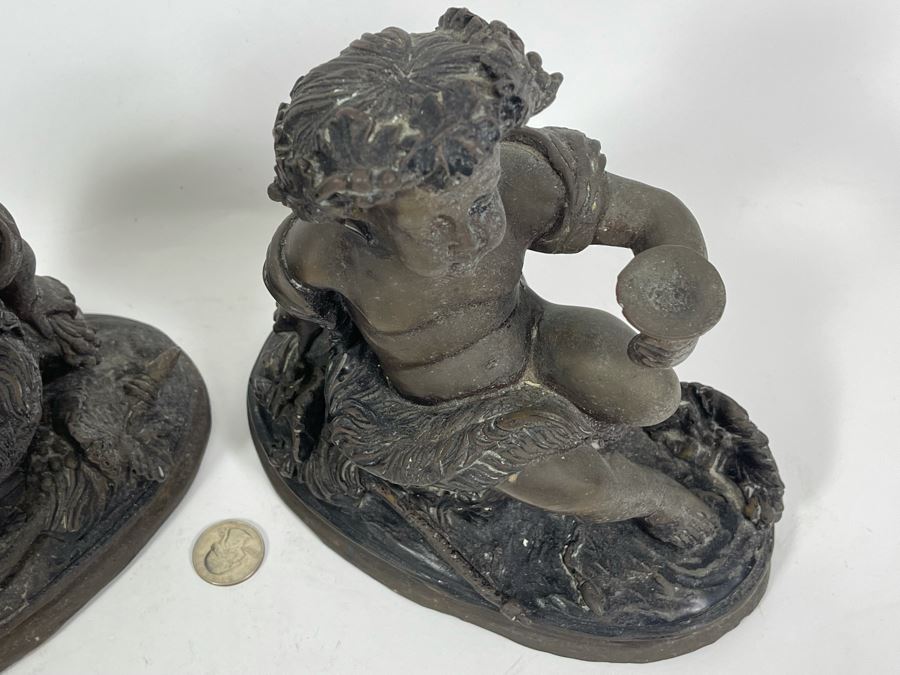 Pair Of Egisto Rossi Bronze Sculptures Of Infant Bacchus Holding Chalice Signed E. Rossi 8W X 4D X 8H [Photo 10]