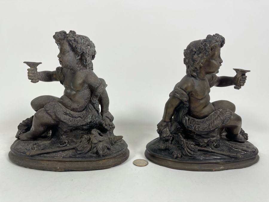 Pair Of Egisto Rossi Bronze Sculptures Of Infant Bacchus Holding Chalice Signed E. Rossi 8W X 4D X 8H [Photo 17]
