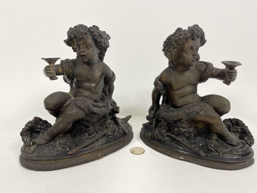 Pair Of Egisto Rossi Bronze Sculptures Of Infant Bacchus Holding ...