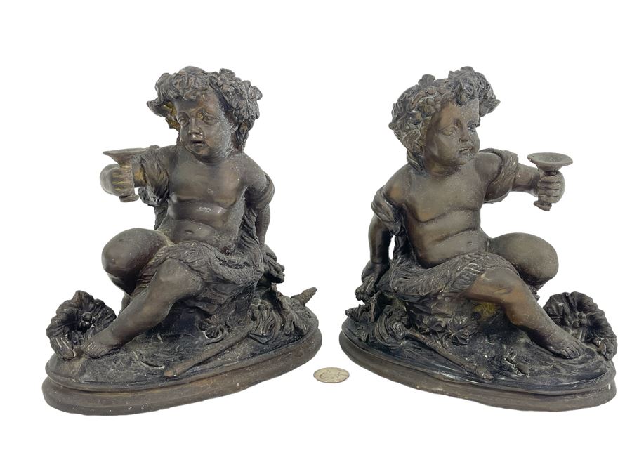 Pair Of Egisto Rossi Bronze Sculptures Of Infant Bacchus Holding Chalice Signed E. Rossi 8W X 4D X 8H