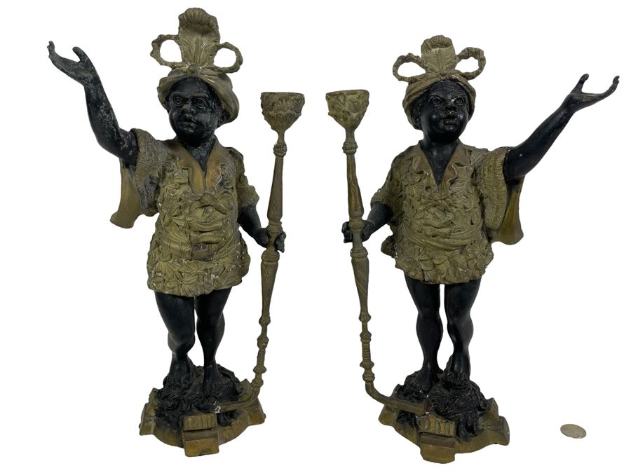 Pair Of Antique Venetian Italian Bronze Sculptures Candle Holders 16H [Photo 1]