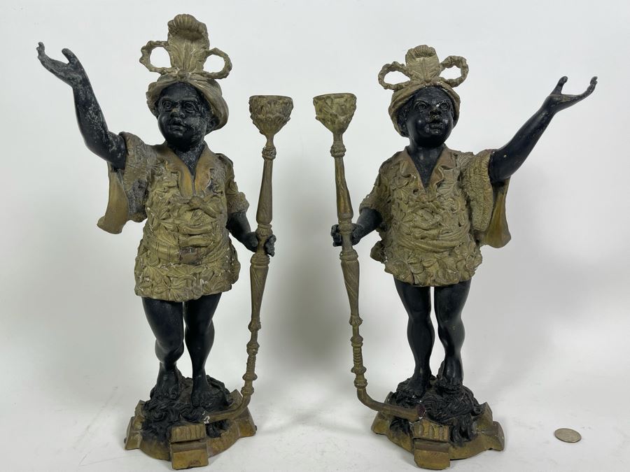 Pair Of Antique Venetian Italian Bronze Sculptures Candle Holders 16H [Photo 5]