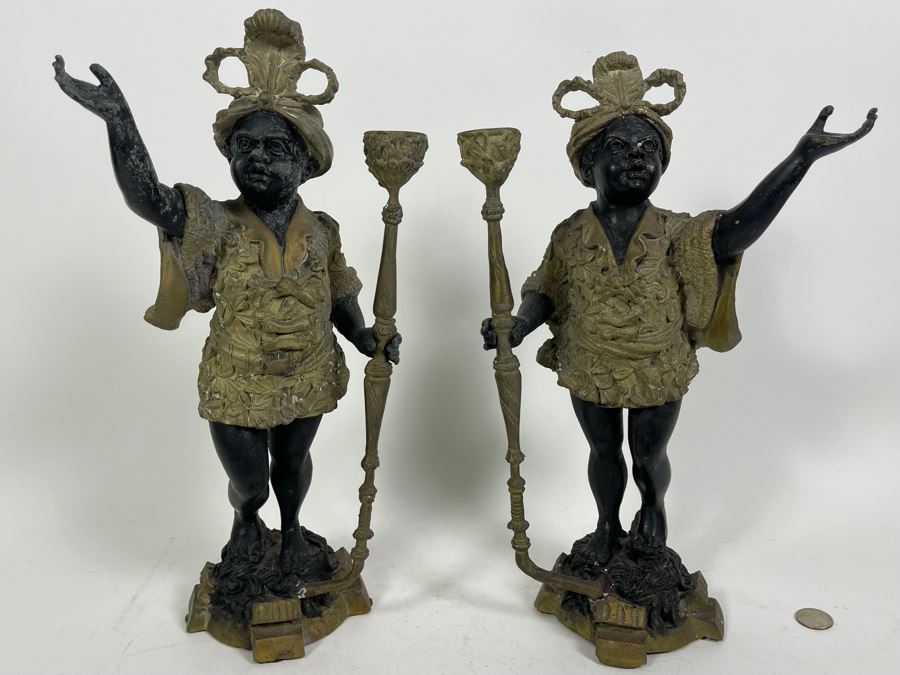 Pair Of Antique Venetian Italian Bronze Sculptures Candle Holders 16H [Photo 3]