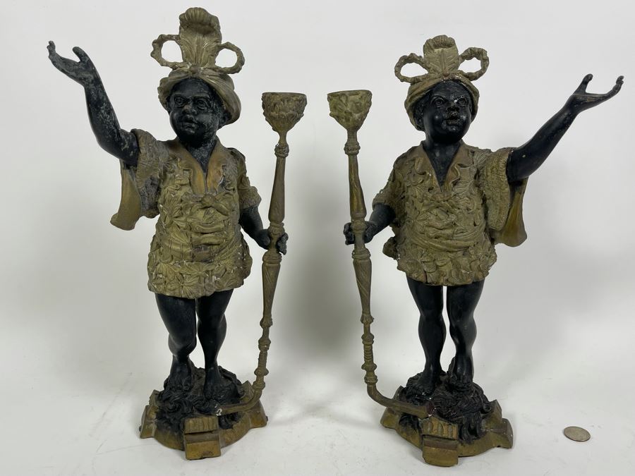 Pair Of Antique Venetian Italian Bronze Sculptures Candle Holders 16H [Photo 2]