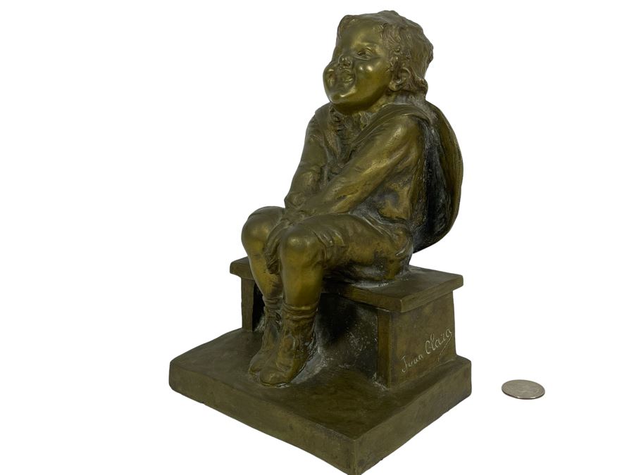 Juan Clara Ayats (1875-1958) Antique Signed Bronze Sculpture Of Seated Boy Stamped LB 13 5.5W X 4.5D X 9H