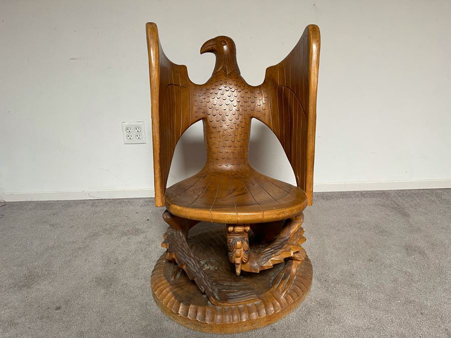 Carved Solid Tree Trunk Wooden Chair Of Eagle With Serpent In Its Talons See Photos For Several Blemishes 25W X 39H [Photo 5]